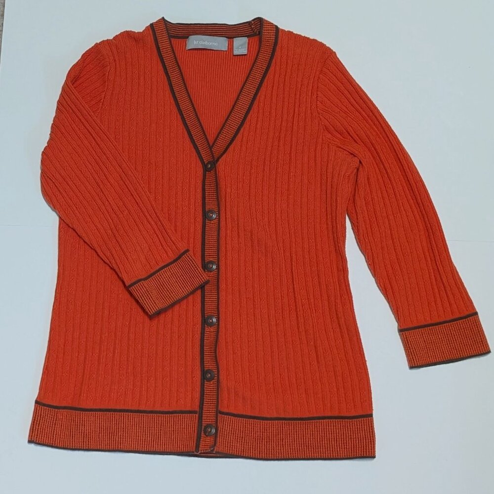 Liz Claiborne Women's Orange/Red Knit  Cardigan With Brown Accents, size Medium